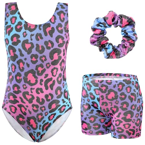 XiaoMoSha Conjunto de leotardos de gimnasia de tres piezas para niñas, leotardos sin mangas con pantalones cortos y banda para el pelo, color degradado brillante, conjunto de ballet para danza, trajes