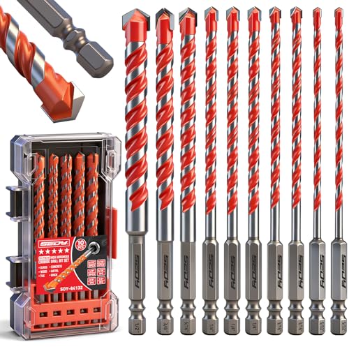 10-Piece Masonry Drill Bit Set 6-Inch Carbide Tipped Concrete Drill Bits with Hex Shank for Brick Cement Tile Wood and Light Metal Fast Drilling and Chip Removal