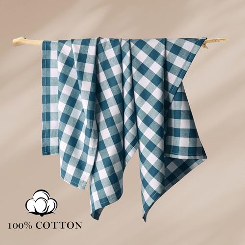 Image of Gingham Checked Kitchen Dish Towels 12 Pack, 18 inchx26 inch, 100% Cotton, Quick Dry Wash Rags, Reusable Dishcloths Set, Machine Washable, Absorbent Hand Towel - Teal Green, White