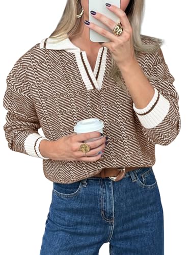 Saodimallsu Womens Fall Sweaters Tops Lapel V Neck Knit Sweater Color Block Long Sleeve Casual Soft Pullover Shirt