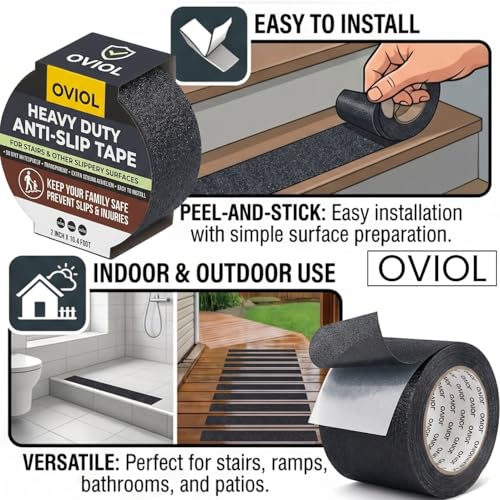 Image of OVIOL Anti Slip Tape for Stairs Waterproof Stairs Anti Skid Strip for Granite Stair Anti Slip Vinyl Flooring, Heavy Duty 80 Grit High Traction, 2 Inch x 16.4 Feet (BLACK, PACK OF 1)
