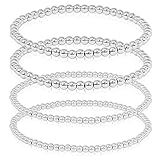 SM Stainless Steel Gold Silver Rose gold Beaded Ball Bracelets Set for Women Stretchable Elastic Bracelet (Set 4pcs - 4mm(2) + (2) - Silver)