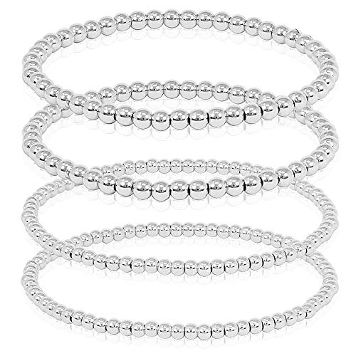 SM Stainless Steel Gold Silver Rose gold Beaded Ball Bracelets Set for Women Stretchable Elastic Bracelet (Set 4pcs - 4mm(2) + (2) - Silver)