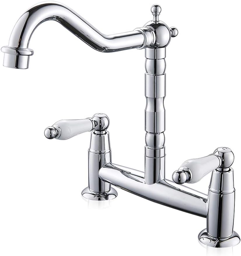 2 Hole Kitchen Sink Mixer Tap Traditional Deck Mounted Chrome Swivel Spout Brass Bridge Tap