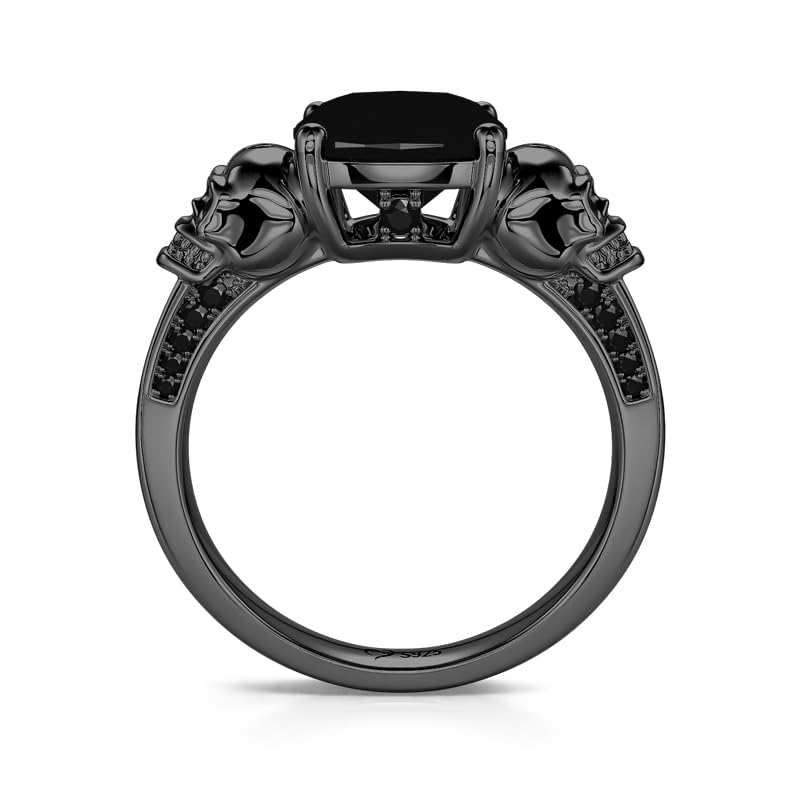 Jeulia Anillos de compromiso con diseño de calavera, amor eterno, gótico, negro, plata de ley con diamante de corte cojín, anillos de boda para Halloween, clásicos, retro, regalos para mujeres