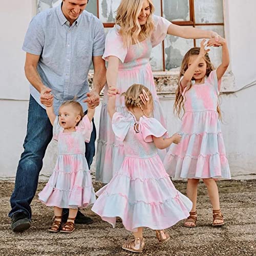 Mommy and Me Matching Dresses Sleeve Doll Dress Maxi Summer High Waist Casual Family Matching Outfits Set2
