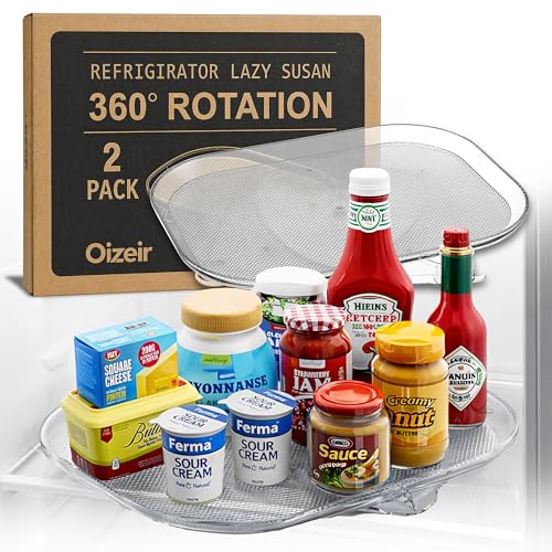 Oizeir Refrigerator Lazy Susan (2PK) - Clear Rectangular Fridge Organizer - Turntable Tray Lazy...