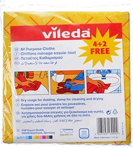 Vileda All-Purpose Cloth 4+2Pcs, Powerful Cleaning, Water-Absorbent, Durable - Yellow (6 Pcs Per Pack)