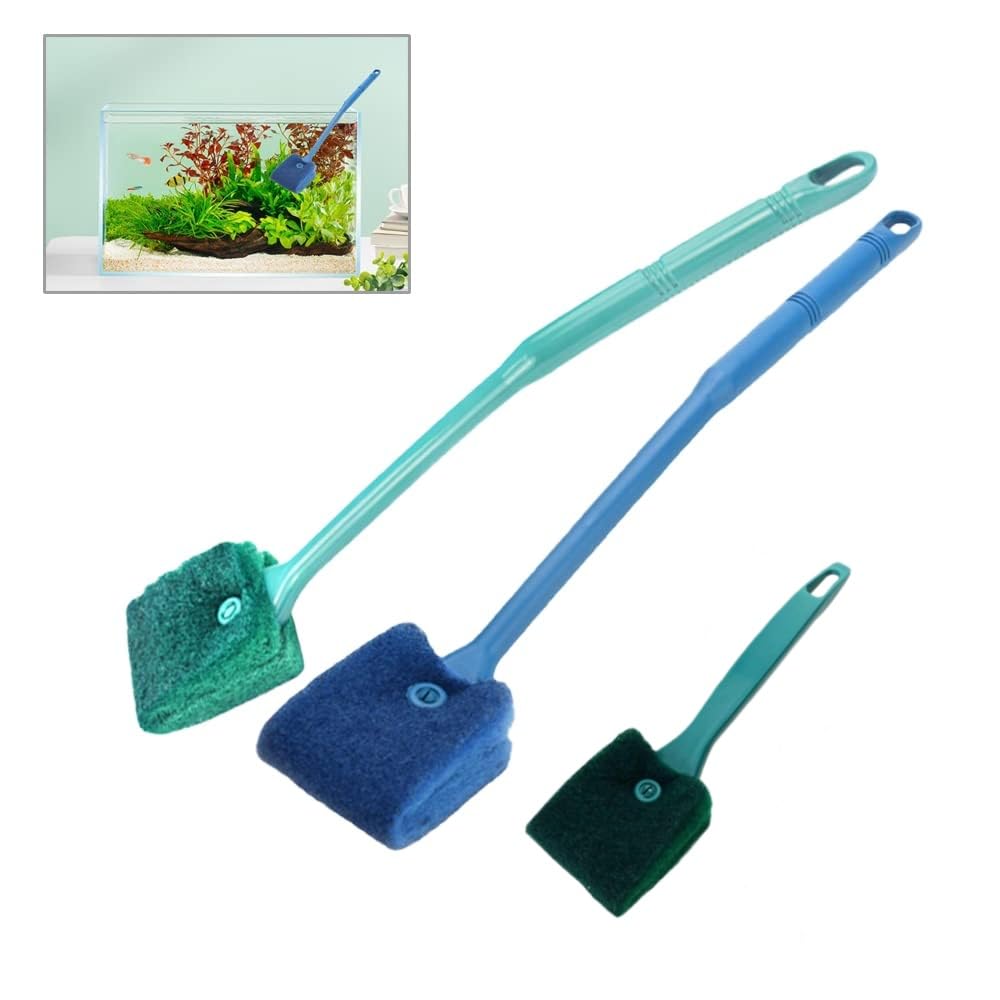 Mumoo Bear 3 PCS Double-Sided Aquarium Fish Tank Algae Cleaning Brush with Non-Slip Handle, Sponge Scrubber Cleaner for Glass Aquariums and Home Kitchen