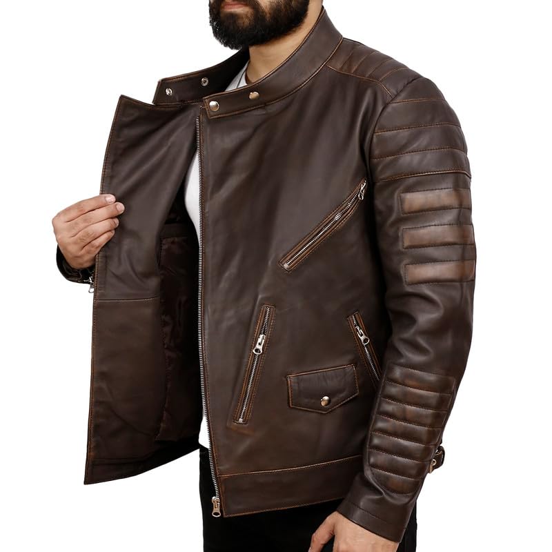 Men's Asymmetrical Real Lambskin Leather Motorcycle Jacket - Biker Leather Jacket For Mens - Brown/Black3