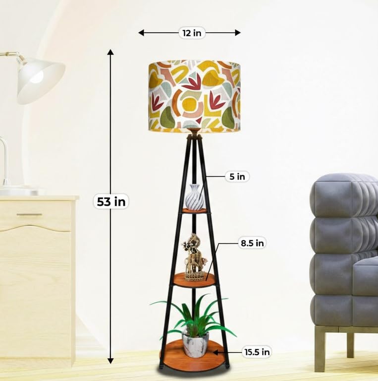 Image of Rellon Floor Lamp with 3 Storage Shelves, Metal FloorLamp for Living Room Standing Home Decoration FloorLamp Shade Reading for,Office,Kitchen,Bedroom (A1)