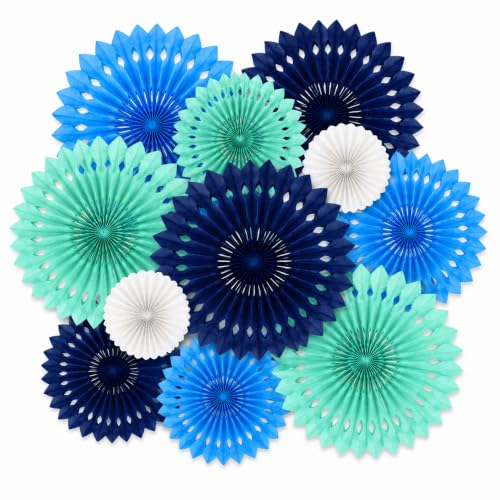Image of Blue White Hanging Honeycomb Round Paper Fans Decoration Kit for Baby Boy Shower Birthday Navy Ocean Wedding Under The Sea Theme Photo Booth Backdrops Paper Party Supplies 11 Count