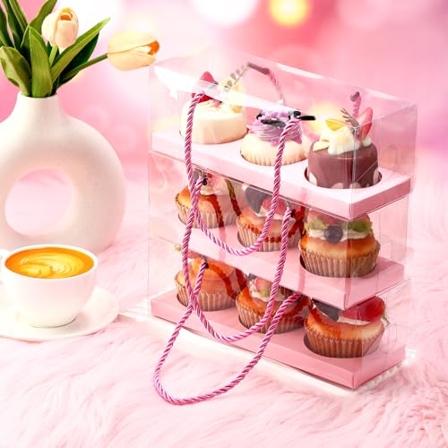Thenshop 40 Pcs Clear Cupcake Boxes 9 x 3 x 3 Inch Rectangular Cupcake Containers 3 Compartments Pastry Packaging Cookies Gift Box with Rope Handle for Mother's Day Graduation Gifts Wedding(Pink) by Thenshop - Image 5