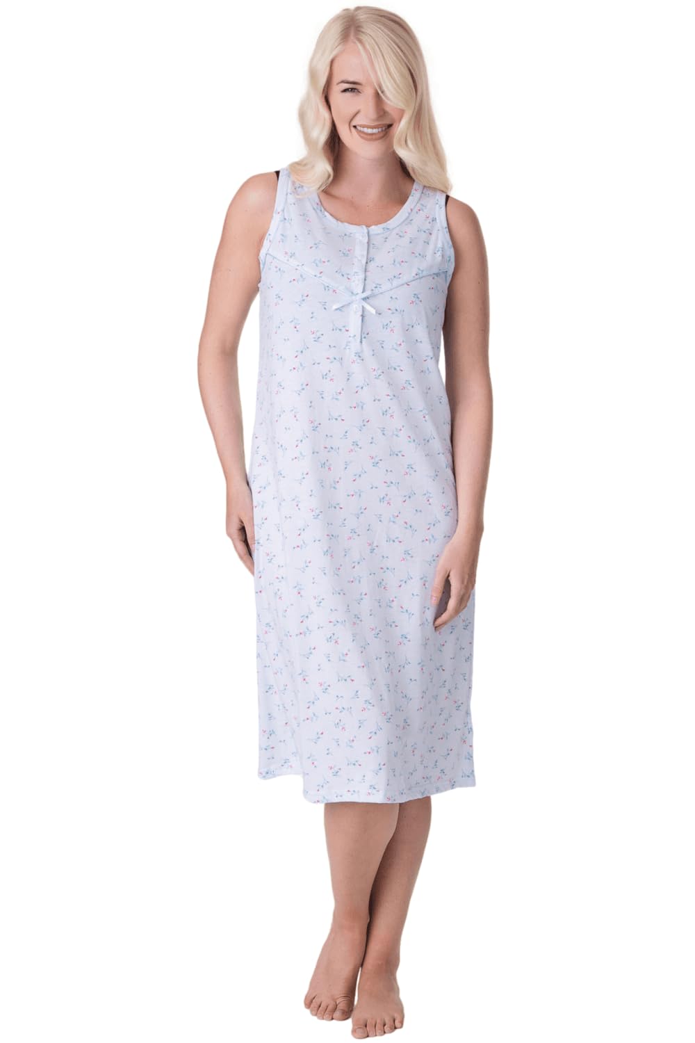 Camille Women's Lightweight Sleeveless Floral Nightdress in Blue | Size: 18-20