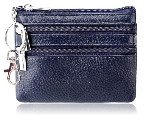 Image of iToolai Genuine Leather Small Coin Purse Pouch Mini Wallet with Zipper Keychain for Men(3.54 x 4.33 inch, Navy Blue)