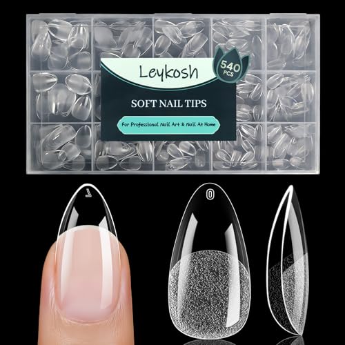 Image of Leykosh Medium Almond Nail Tips 540 Pcs Clear Half Matte 15 Sizes | 540 pcs medium almond clear tips with 70-grit pre-shaped half matte surface for salon extensions and DIY.