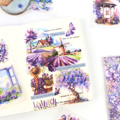 Image of HASTHIP 30-Page Purple Floral Sticker Book with Die Cut PET Waterproof Flower & Butterfly Stickers for Journaling, Scrapbooking, Garden Aesthetic Crafts, Planners, Bullet Diaries & DIY Art Projects