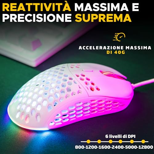 The G-Lab – Kult Oxygen – Mouse Gaming con Filo ad Alte Prestazioni 12.800 DPI – Massima Reattività, RGB 100% Personalizzabile, 6 Pulsanti Programmabili, Ambidestro, Silenzioso – Bianco – Novità - Mouse gaming - Immagine 2