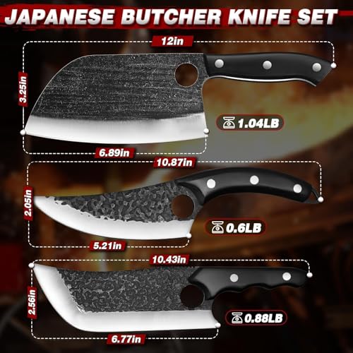 TIJERAS Butcher Knife Set For Meat Cutting, 3PCS Hand Forged Cooking Knives Set With Ergonomic Handle, High Carbon Steel Meat Bone Cleaver for Kitchen Camping BBQ, Birthday Gifts for Men Women
