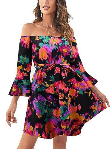 Image of Off Shoulder Ruffle Dress for Women, A-Line Mini Dress with Belt, Fitted Bust Summer Wedding Guest Dress