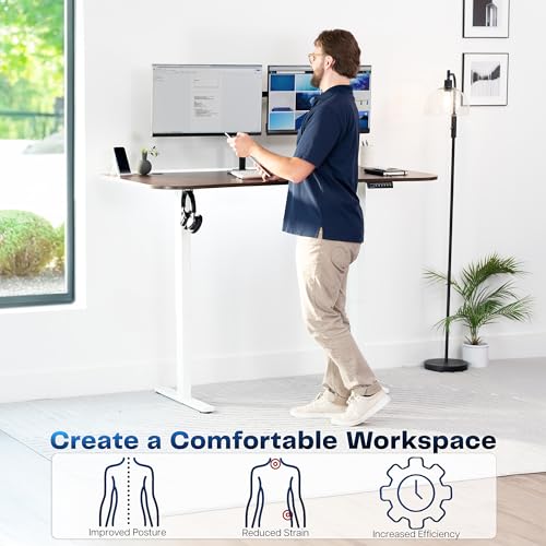 Image of VIVO Electric 63 x 32 in Standing Desk, Memory Height Adjustment, 1B Series, Holds 220 lbs, Dark Walnut Top White Frame, DESK-KIT-1W1D