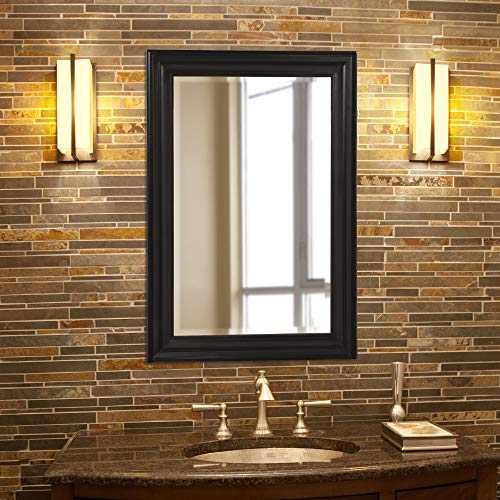 Image of Howard Elliott Collection George Rectangular Glossy Black Wall Mirror, Rectangle Hanging Wood Framed Vanity Mirrors for Home Decor, Living Room, Bathroom, Bedroom, or Hallway, 24 x 36 Inch