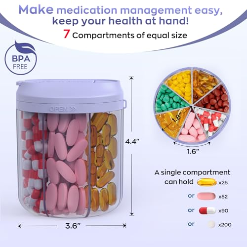 Image of HIONXMGA Pill Organizer with 7 Large Compartments, Pill Dispenser for Travel, Supplement Organizer with Anti-Mixing Design, BPA-Free Pill Container with 20 Pcs Labels, Purple
