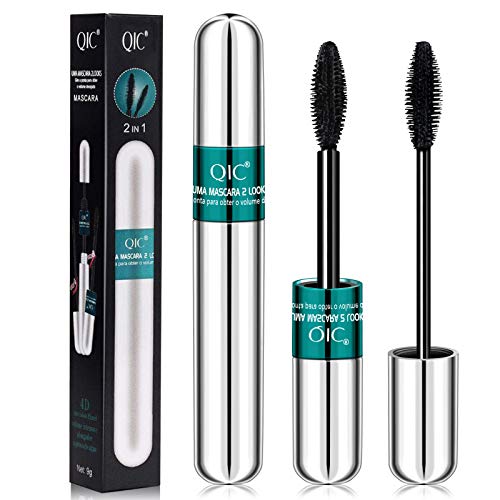 2 in 1 Double High Effect Mascara - 4D Silk Fiber Lash Black Mascara, Superstrong Waterproof, Best for Eyelash Lengthening Thickening, Long Lasting, No Clumping, All Day Charming Natural Eye Make up
