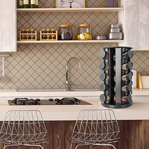 Tianifa Black Countertop Rotating Spice Rack, Round Empty 20-Jars Revolving Spice Rack Organizer, 135 Spice Labels with Funnel Complete Set, for Kitchen Countertop, Cabinet