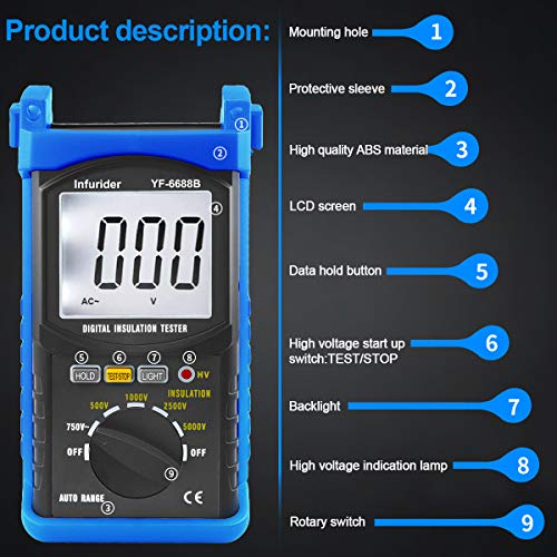 Image of YF-6688B Digital Insulation Resistance Tester MegOhmmeter DC AC Voltmeter,Test Voltage 5000V,Insulation Resistance 200G Ohms with Large LCD Backlit and High Volt Indication