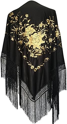 La Senorita Spanish Flamenco Dance Shawl Large Black with golden flowers Large