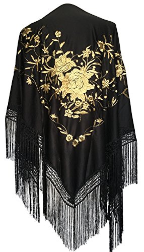 La Señorita Mantones bordados Flamenco Manton de Manila negro flores oro Large
