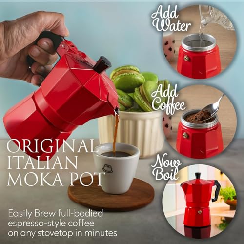 Image of Alluminium Espresso Coffee Maker Moka Pot Cup for Italian Espresso Decoction Coffee Mocha South Indian Filter Coffee Home Outdoor Machine (Red, 3)