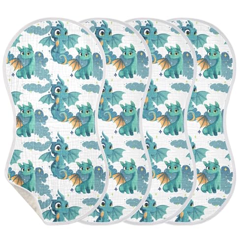 Image of Muslin Baby Burp Cloths Set of 4, Soft Absorbent Cartoon Green Dragon Muslin Washcloths, Bibs, Face Towel for Newborn Boys Girls, 22 x 11 Inch