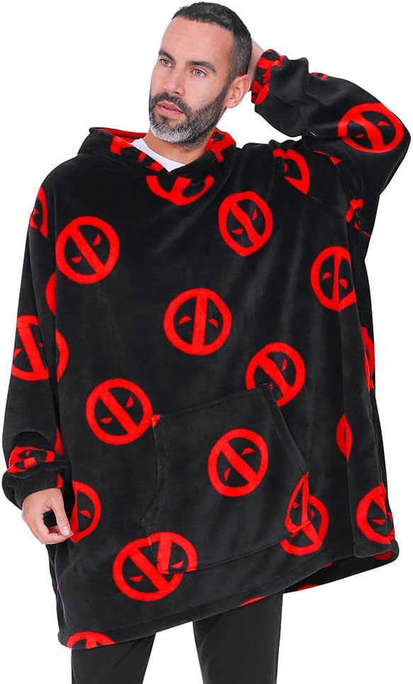 Marvel Deadpool Mens Hoodie, Oversized Fleece Blanket Hoodie Black