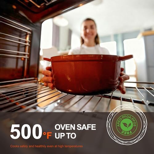 Overmont Enameled Cast Iron Dutch Oven - 5.5QT Pot with Wide Handles Lid Cookbook & Cotton Potholders - Heavy-Duty Pre-Seasoned Cookware Oven Safe to 500°F for Braising, Stews, Roasting, Sourdough Baking - 3