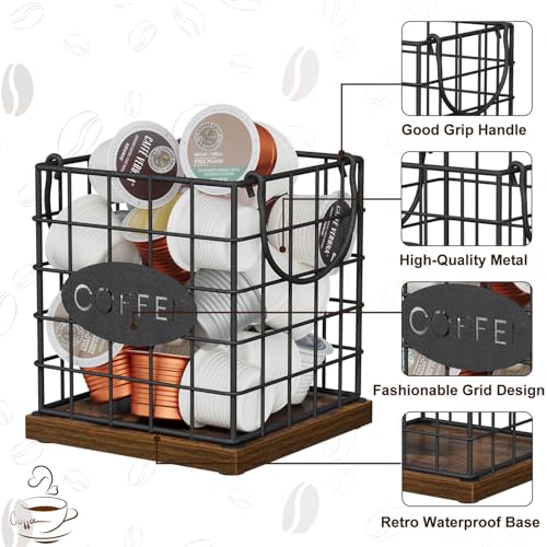 Image of YINMIT K Cup Holder Organizer, Rustic Coffee Pod Holder Organizer, 35 Kcup Holder for Counter with Handle，Large Capacity Black Wire Coffee Capsule Basket for Kitchen Office Desktop (Square Grid)