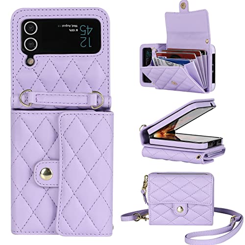 Coque Samsung Z Flip 3 violette avec portefeuille en cuir et lanière