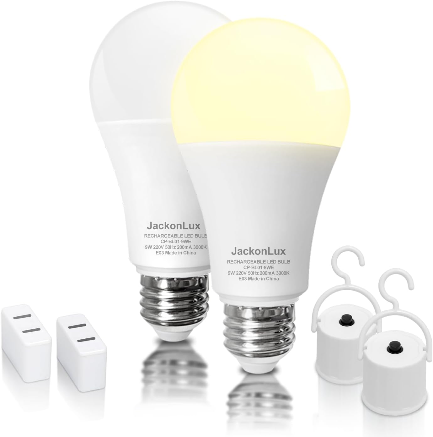 Rechargeable Emergency LED Bulb JackonLux Multi-Function Battery Backup Emergency Light For Power Outage Camping Outdoor Activity Hurricane 9W 850LM 60W Equivalent Soft White 3000K E26 120 Volt 2 Pack