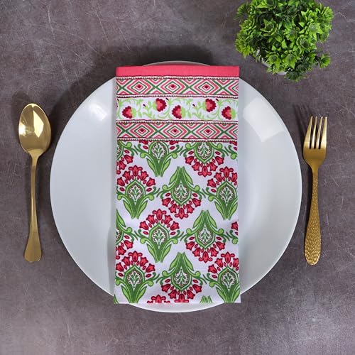 Image of FINGERCRAFT Printed Table Napkins Cotton Linen Blend Dinner Cloth Napkins Perfect for Parties Dinners Weddings Cocktail Christmas Napkins 20x20 Inches (Border Design Camellia Rose)