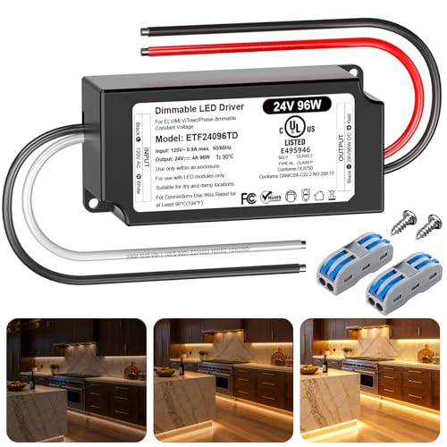 96W 24V Dimmable LED Driver, UL&amp;FCC Listed AC 120V to DC 24V Triac ELV/MLV Class 2 LED Dimmable Transformer Compatible with Lutron&amp;Leviton Switches Power Supply Smooth Flicker-Free Dimming