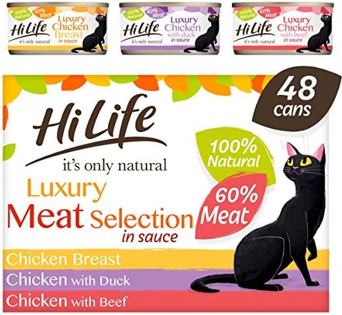 HiLife it's only natural - Wet Cat Food - Luxury Meat Selection in Sauce - 100% Natural Grain Free, 48 Cans x 70g,package may vary