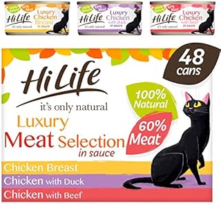 HiLife it's only natural - Wet Cat Food - Luxury Meat Selection in Sauce - 100% Natural Grain Free, 48 Cans x 70g,package may vary