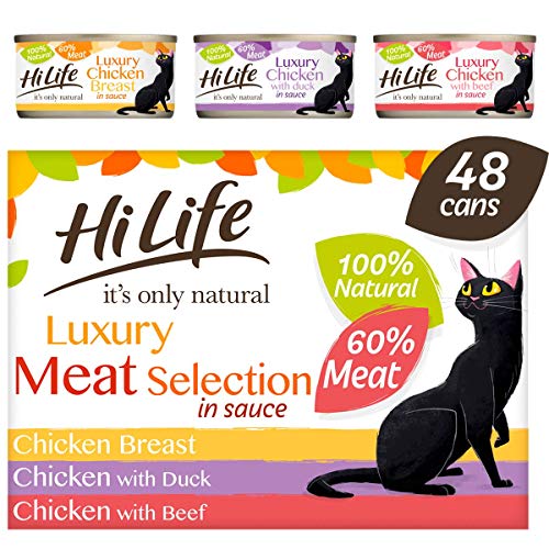 HiLife it's only natural - Wet Cat Food - Luxury Meat Selection in Sauce - 100% Natural Grain Free, 48 Cans x 70g,package may vary
