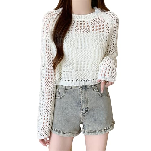 Image of ICW Women's Knitted Crochet Transparent Long-Sleeve Hollow Out Sheer Pullover Top T-Shirt Sweater Dn61 (One Size Fit XS-S-M-L)