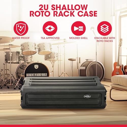 Image of SKB Roto-Molded 2U Shallow Rack - Durable, Stackable Gear Housing, Waterproof & Impact-Resistant for Musicians, DJs & AV Professionals - Interlock Design, Gasket Seals, Recessed Latches - Heavy Duty | - Roto-Molded Polyethylene Construction for Strength and Durability, Front and Rear Rubber-Gasketed Covers to Keep Water Out