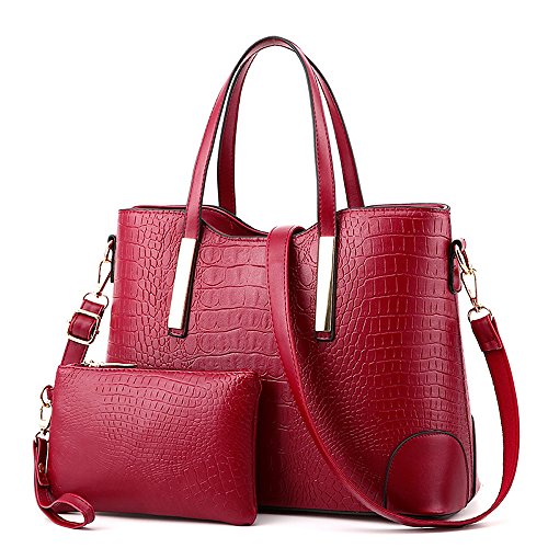 EssVita 2 Piezas PU de cuero Mujer Moda Bolsos de Mano Cuero Bolsa y Carteras Bandolera Tote Bag Monedero Conjunto Vino Rojo