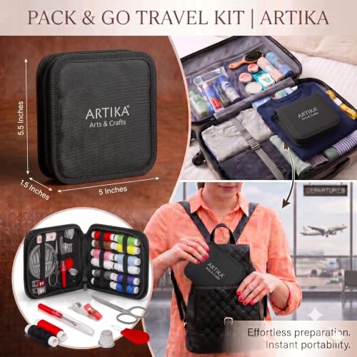 Image of ARTIKA Travel Sewing Kit, 59-Piece Portable Kit for Travel, Includes Scissors, Thread, Tape Measure - Sewing Accessories and Supplies | Mini Emergency Repair Sewing Kit, Beginner Set with Multicolor Thread, Needles, Scissors, Thimble, Clips & Travel Case