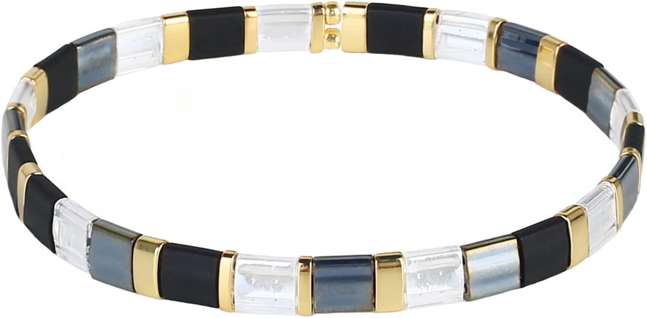 KELITCH Womens Tila Beads Bracelet Handmade Stack Friendship Stretch Bracelets Colors Miyuki Jewelry - Black