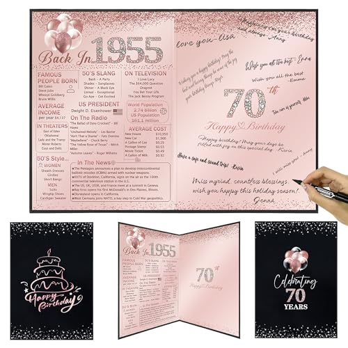 Image of Vlipoeasn 70th Birthday Party Guest Book for Women, Creative 1955 Poster Sign in Book, Pink and Black Back in 1955 Signature Book, 70 Year Old Birthday Party Decorations Centerpieces Supplies